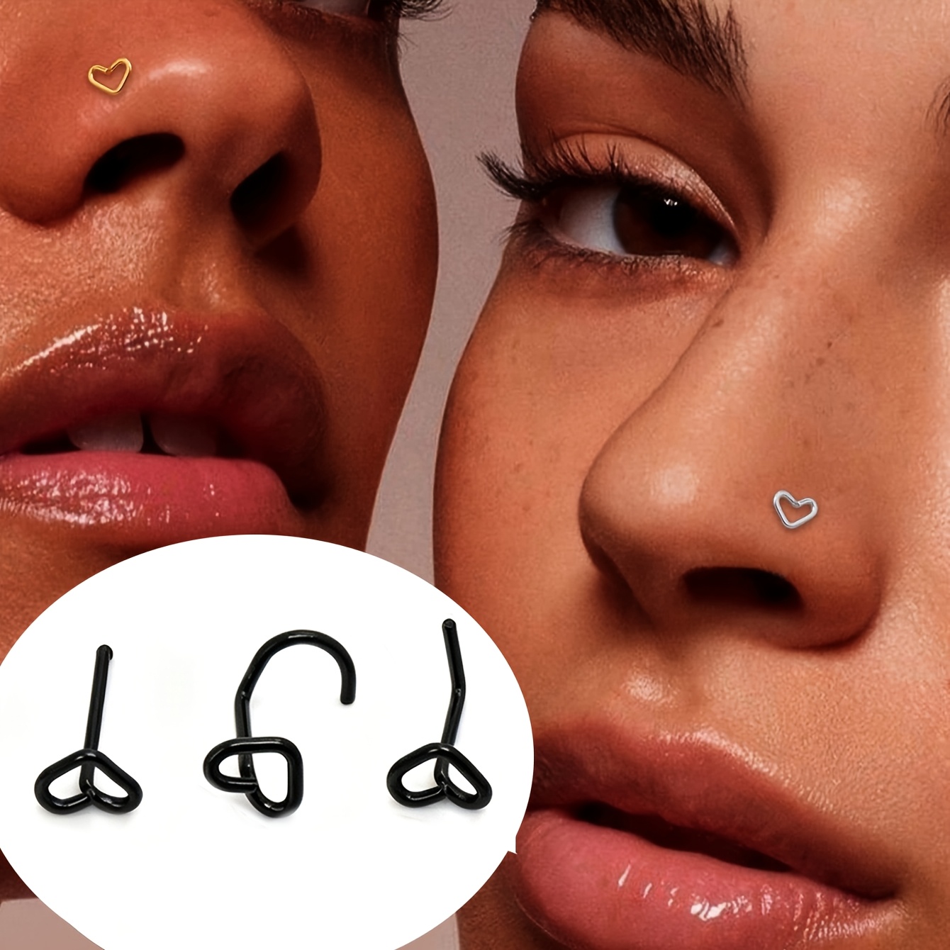 3pcs Elegant 20G Minimalist Heart Stainless Steel Nose Stud Ring